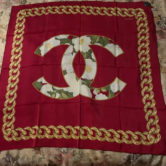 CHANEL, Accessories, Chanel Red White Camellia Silk Square Scarf Iconic Floral  Print Cs New Italy